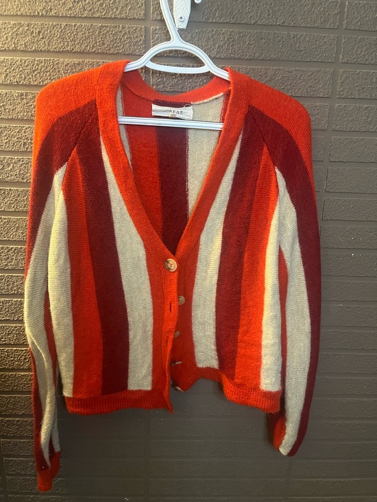 THE GREAT. Sweaters - The Great. 100% Baby Alpaca Striped Cardigan Sweater Size 2 Red Orange Cream